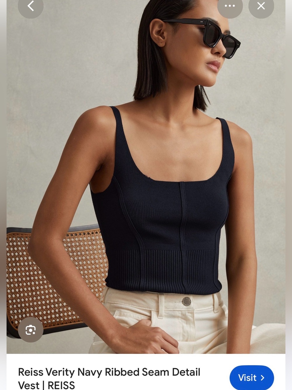 Reiss Navy Ribbed Seam Square-Neck Camisole